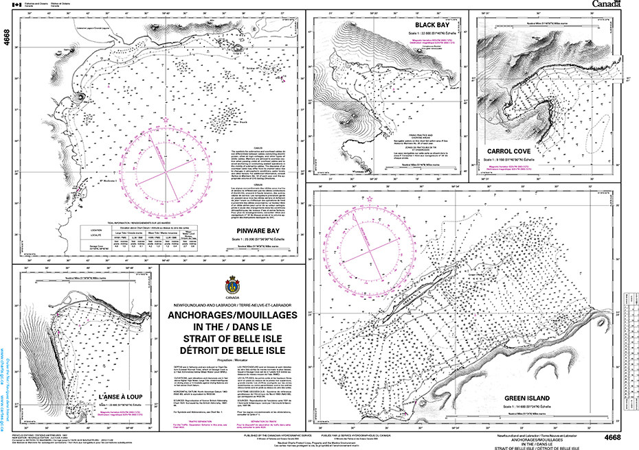 CHS Print-on-Demand Charts Canadian Waters-4668: Anchorages / Mouillages in the / dans le Strait of Belle Isle / DЋtroit de Belle Isle, CHS POD Chart-CHS4668
