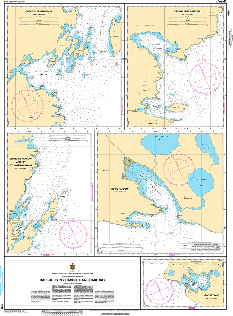 CHS Print-on-Demand Charts Canadian Waters-4516: Harbours in / Havres dans Hare Bay, CHS POD Chart-CHS4516