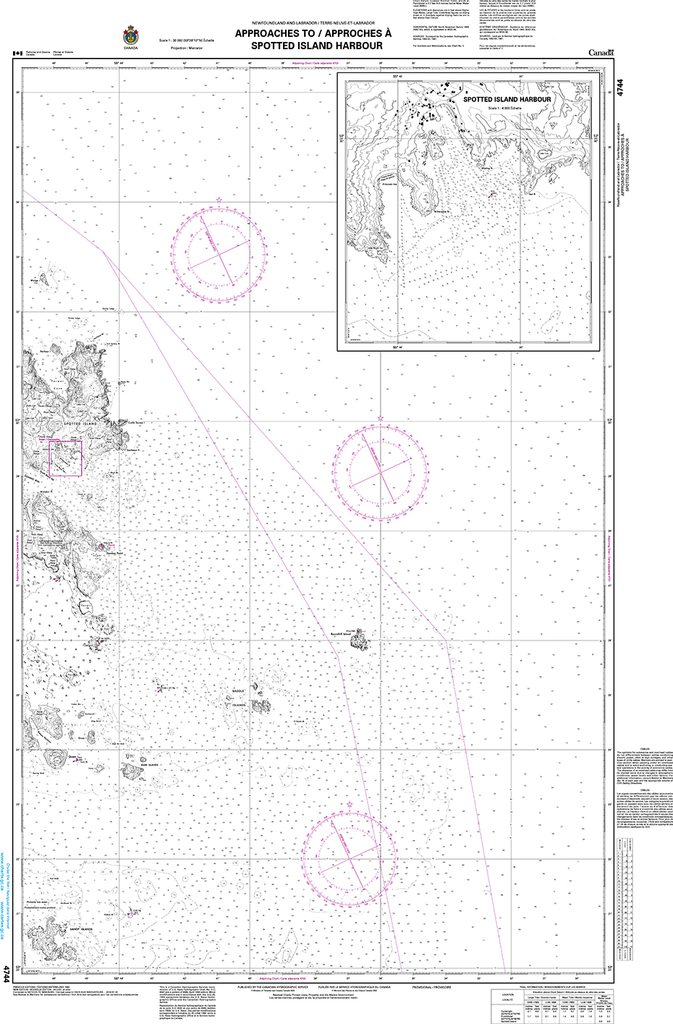 CHS Print-on-Demand Charts Canadian Waters-4744: Approaches to / approches € Spotted Island Harbour, CHS POD Chart-CHS4744