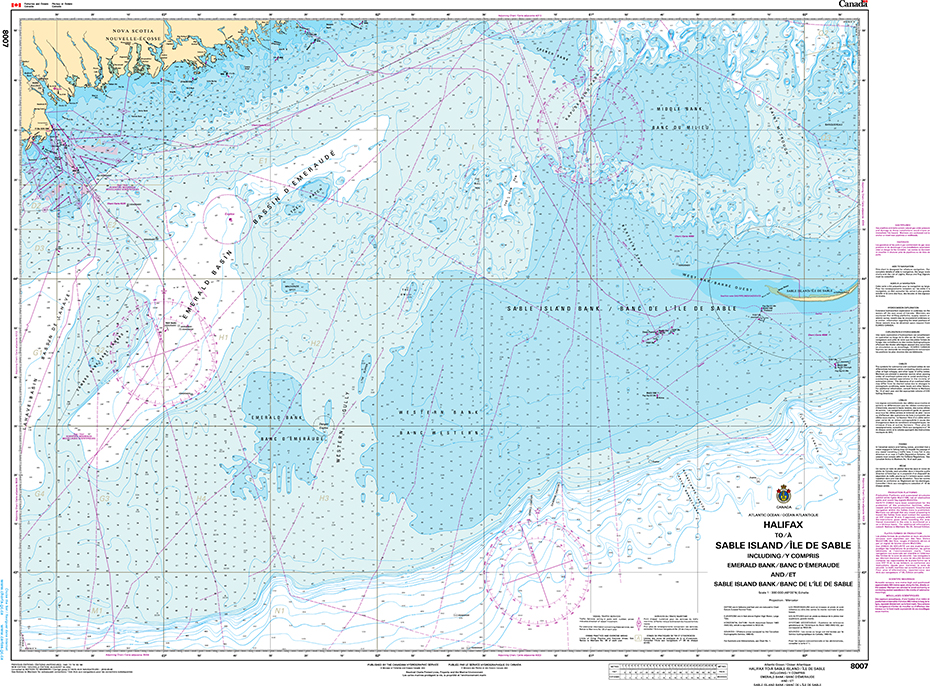 CHS Print-on-Demand Charts Canadian Waters-8007: Halifax to / € Sable Island / лle de Sable, Including / y compris Emerald Bank / Banc dѓmeraude and / et Sable Island Bank / Banc de lлle de Sable, CHS POD Chart-CHS8007