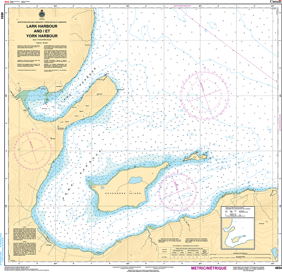 CHS Print-on-Demand Charts Canadian Waters-4654: Lark Harbour and/et York Harbour (Bay of Islands), CHS POD Chart-CHS4654